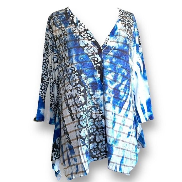 Cubism Womens Cardigan Sz M Indigo Blue Shibori Sublimation Lace Knit Artsy Boho - Picture 4 of 7